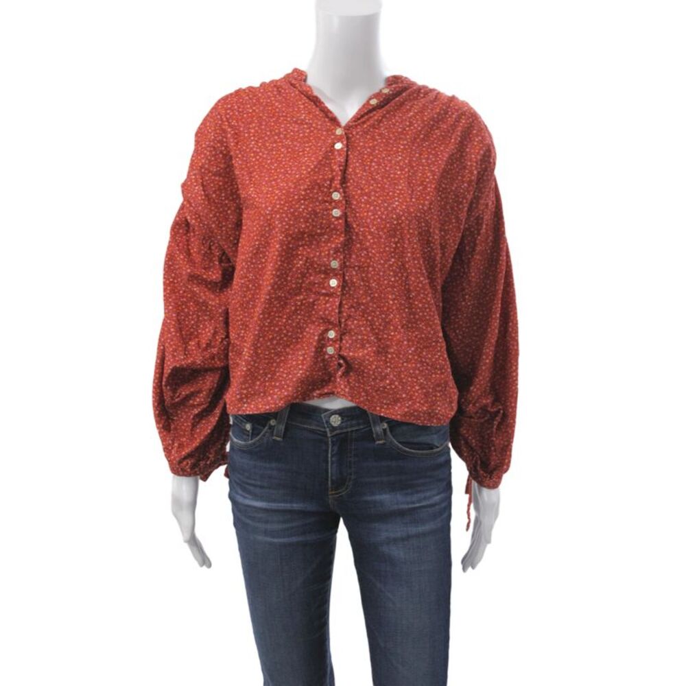 Doen Womens Tunic Blouse Red Floral Cotton Long Sleeve Round Neck Size S
